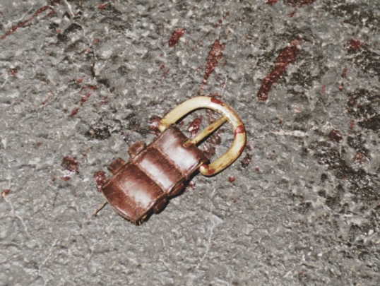 A blood drop on the victim’s severed buckle was tested and found to have come from the victim. CBS News police photo.