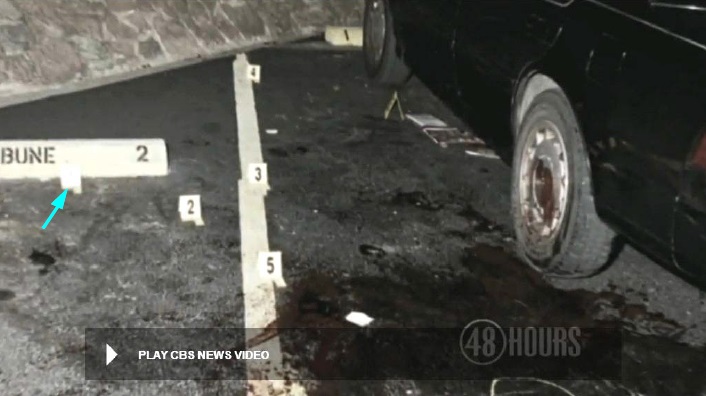View looking lengthwise along driver side of Heitholt Maxima showing five placards locating found bloody footprint markings. Marker #1 is located at the blue arrow. Note the bulletins and magazines under the car at the driver door. Modified still from CBS 48 Hours police crime scene video.