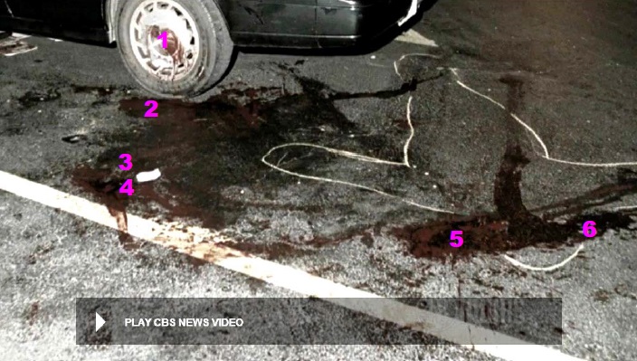 View of most of blood evidence on pavement with identifying markers in order of likely occurrence. 1- Heitholt’s already bloodied head making strong scrubbing contact with left rear rim/cover. 2- Location of Heitholt head after assault ended and during lull before strangulation began. 3- Location of Heitholt head after strangulation. 4- Likely location of Heitholt head after being turned over by sports writers before emergency crew arrived. 5 - Relocation of head during resuscitation attempts. 6- Rotated head position for placement of scoop stretcher for removal of body. Modified CBS News Video still.